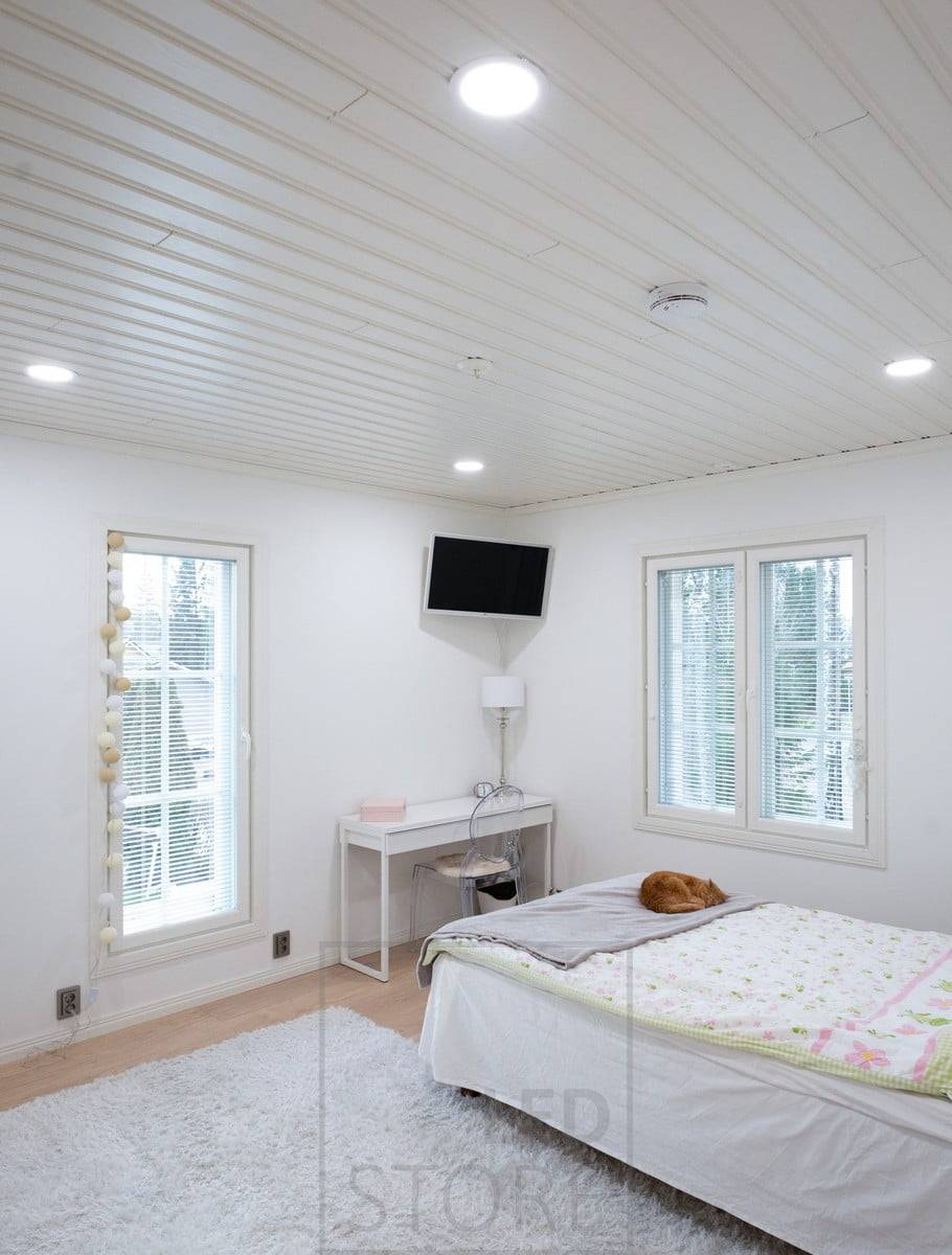 Chambre à coucher avec des panneaux LED ronds. Les luminaires sont modernes et minimalistes et conviennent à ceux qui recherchent un style de design plus doux. Ledstore.fi
